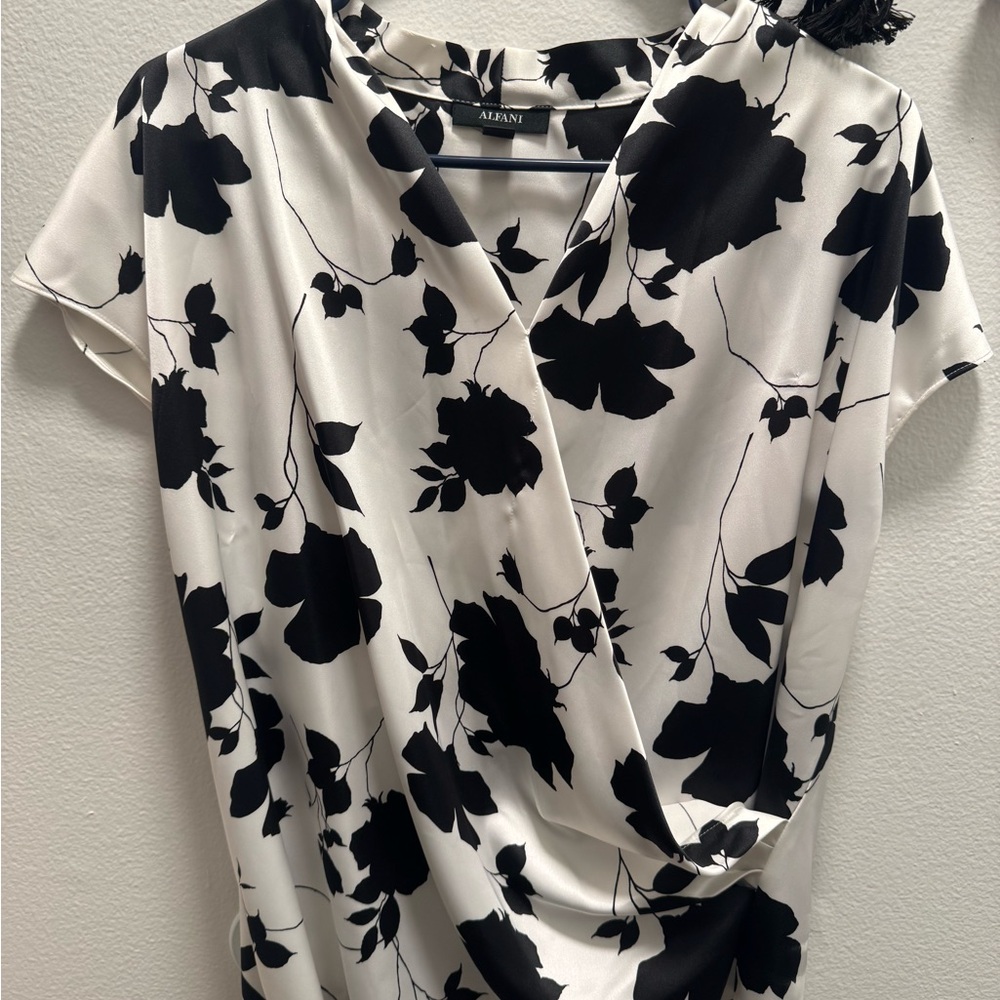 Alfani Black & White Floral Faux-Wrap Blouse